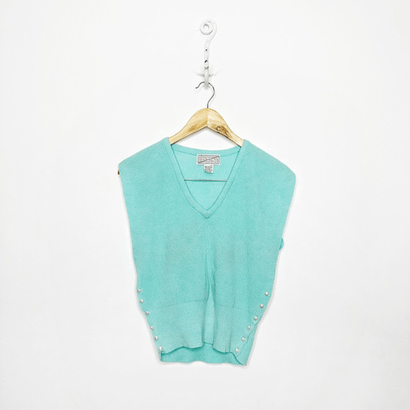 VTG 80s tapered SWEATER VEST blue v neck PEARL button side details womens L - Picture 1 of 5